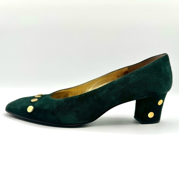 BRUNO MAGLI GREEN LEATJER PUMP 80s VINTAGE HEELS BLOCK HEELS CHUNKY HEELS 38.5 - Picture 3 of 12